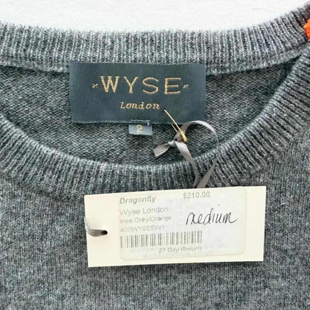 WYSE London Cashmere Grey Jumper Sweater NEW 2/Small Orange Elbow Patch